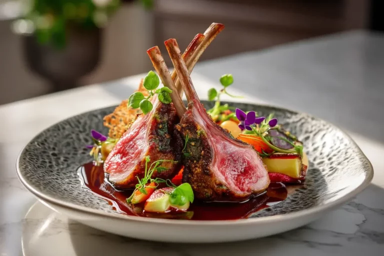 Herb-Crusted Rack of Lamb with roasted root vegetables and red wine jus on a marble countertop.