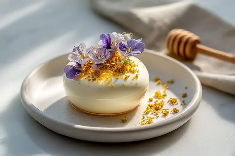 Ricotta Lemon Cloud dessert with bee pollen and edible flowers on marble
