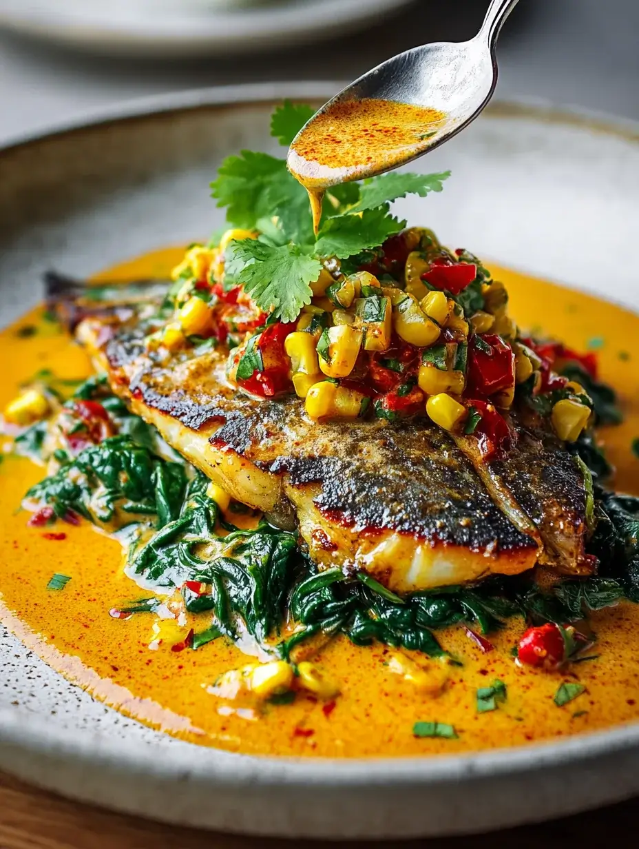Assembling Pan-Fried Pompano with spicy coconut sauce and corn salsa