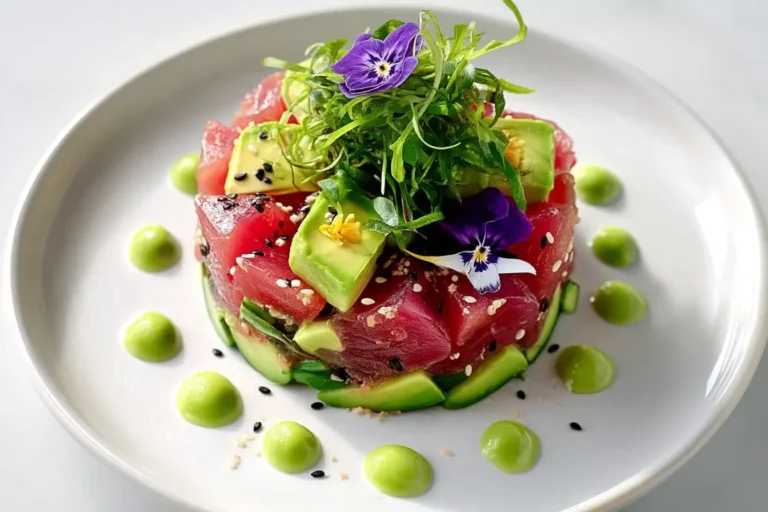 Deconstructed tuna and avocado tartare plated with sesame seeds and edible flowers
