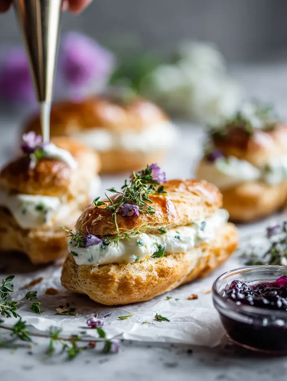 Filling mini éclairs with goat cheese and fig jam