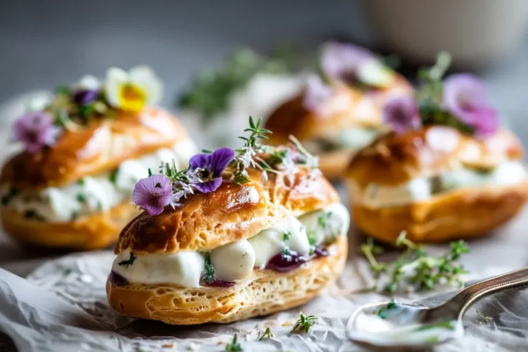 Mini savory éclairs with goat cheese and fig jam on marble counter