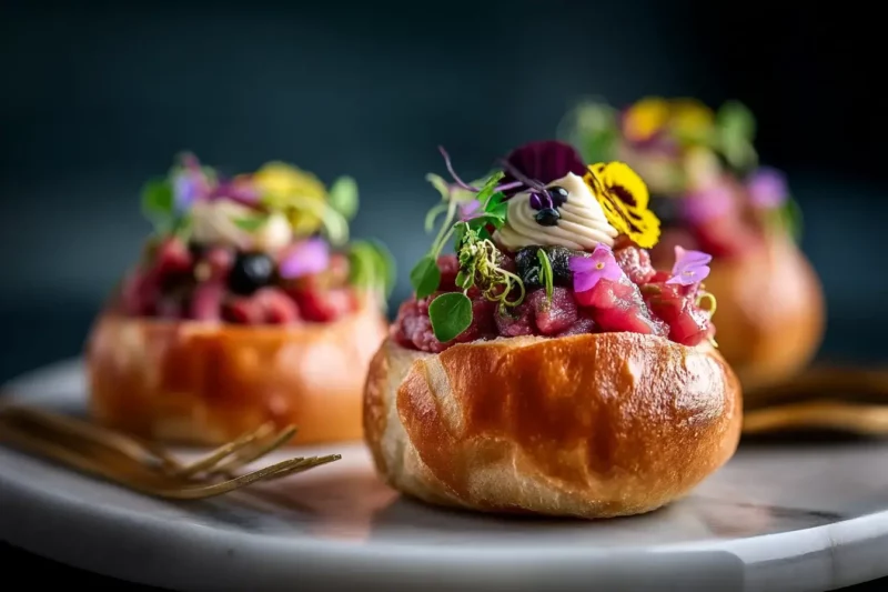 Mini brioche with wagyu tartare and truffle aioli on marble countertop