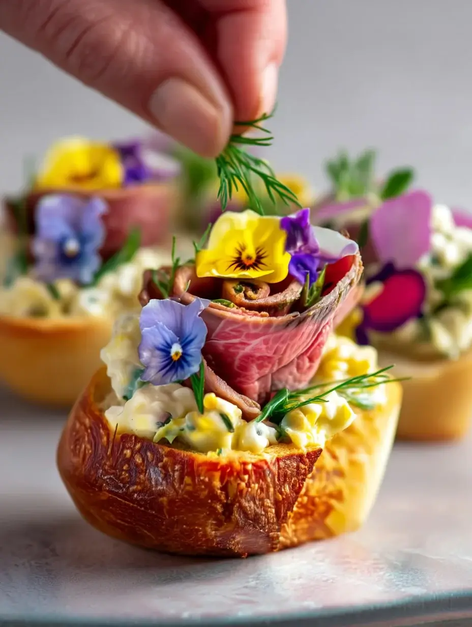 Assembling Beef Rose Canapés with egg salad and roast beef roses.