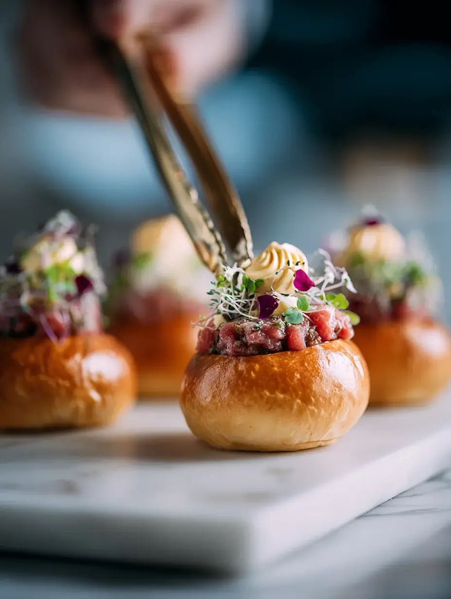 Assembling mini brioche with wagyu tartare and truffle aioli