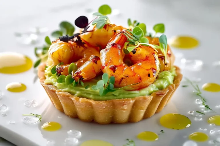 Shrimp and avocado tart with herb oil on marble counter.