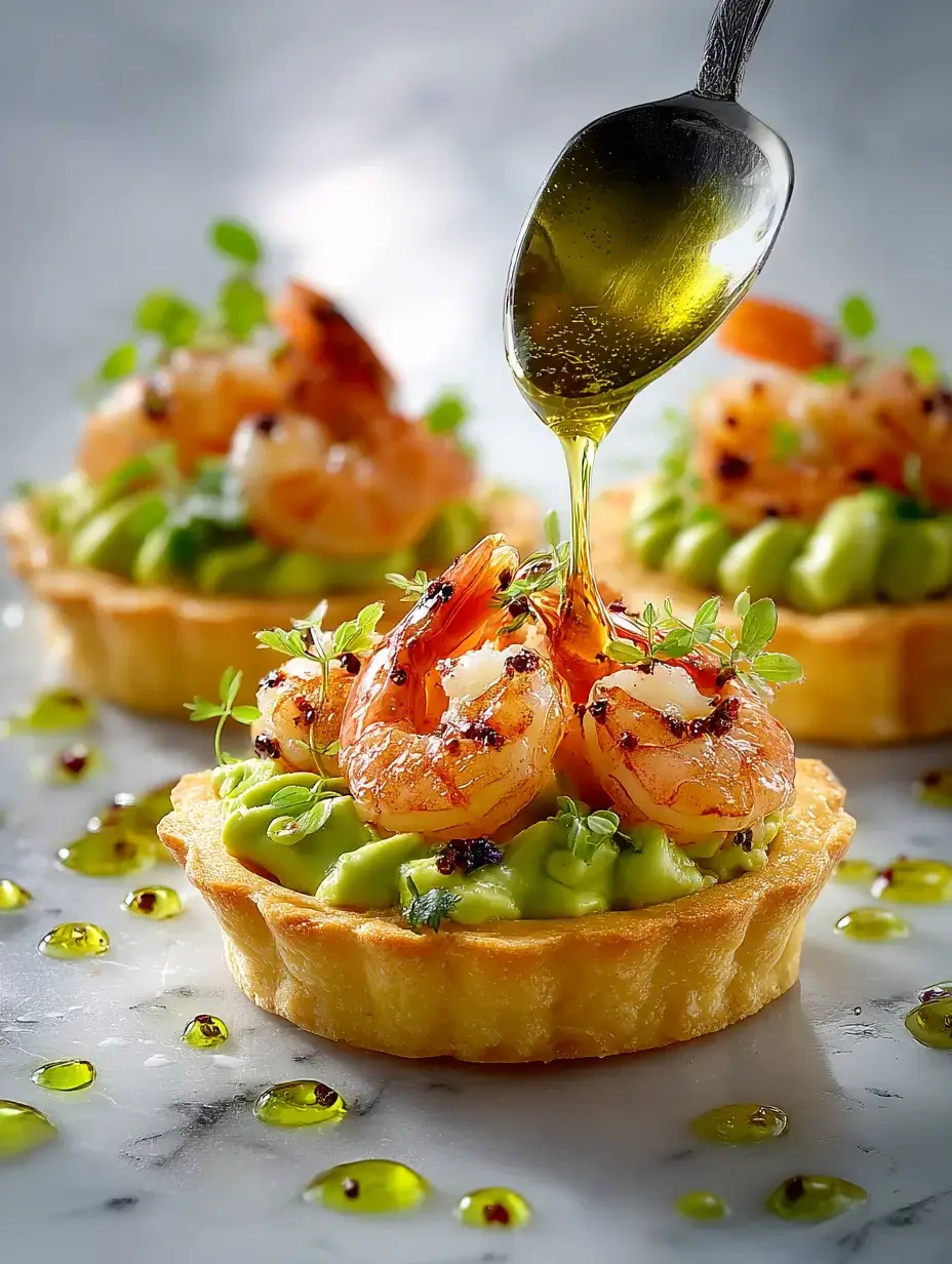 Assembling shrimp and avocado tartlets with herb oil.