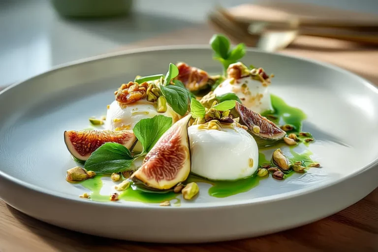 Whipped Burrata Cloud topped with basil oil, fig chutney, and pistachio crumble on marble plate.