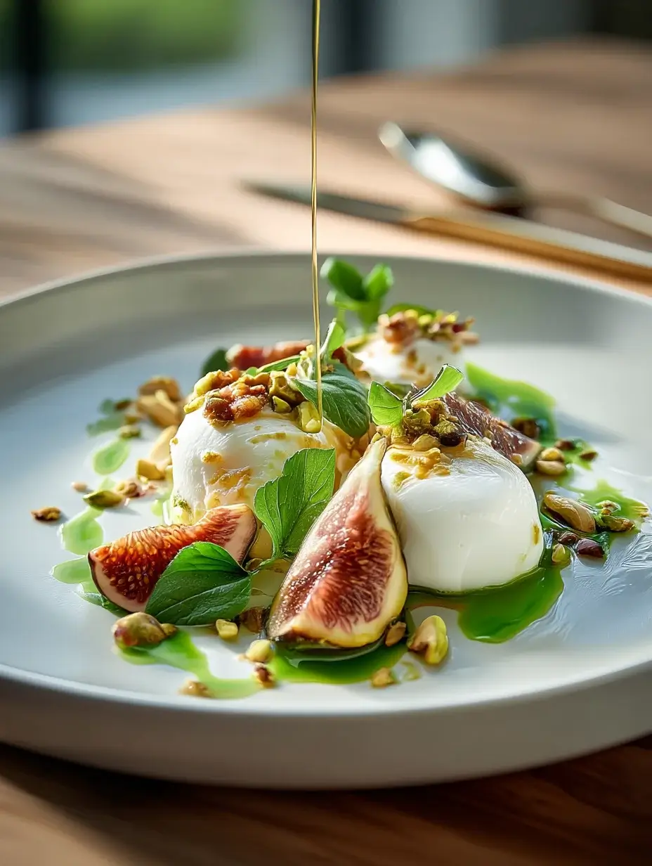 Chef hands plating Burrata Cloud with basil oil drizzle, figs, and pistachio crumble.