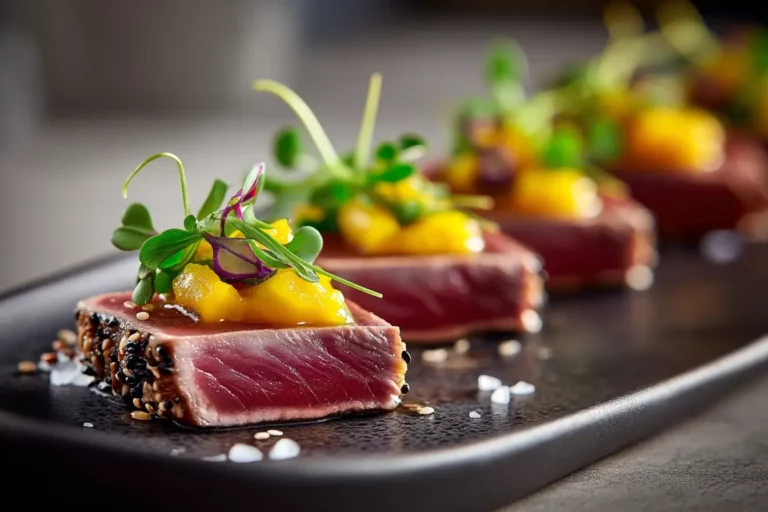 Beef Tataki Spoon with Mango–Chili Gel and Black Sesame served on marble countertop.