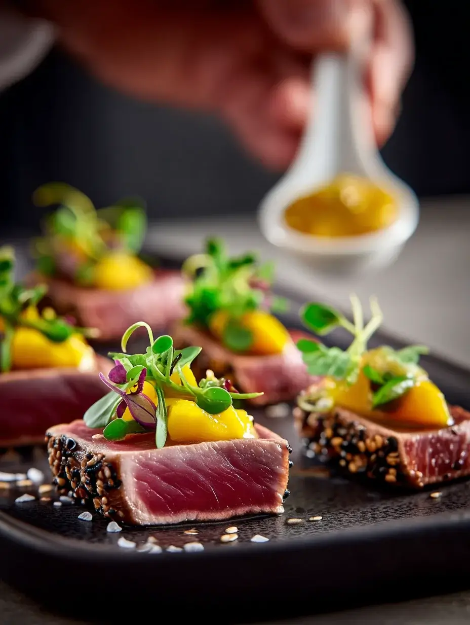 Assembling Beef Tataki Spoons with beef, mango–chili gel, and sesame crunch.