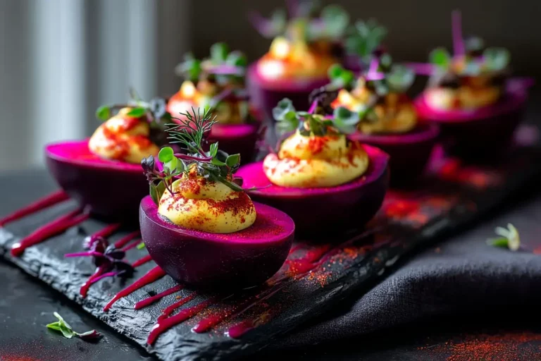Bloody Beetroot Deviled Eggs styled on marble countertop with herbs and paprika.