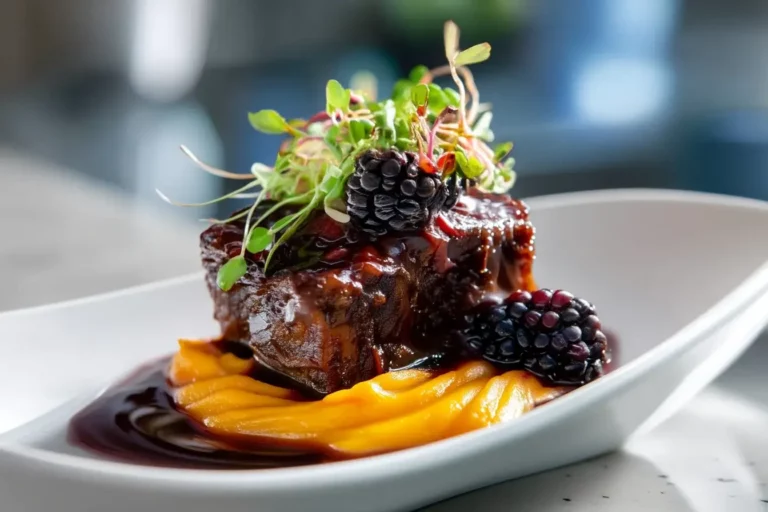 Slow-Braised Beef Short Ribs with Blackberry-Pepper Sauce and Yam Purée on a white plate.