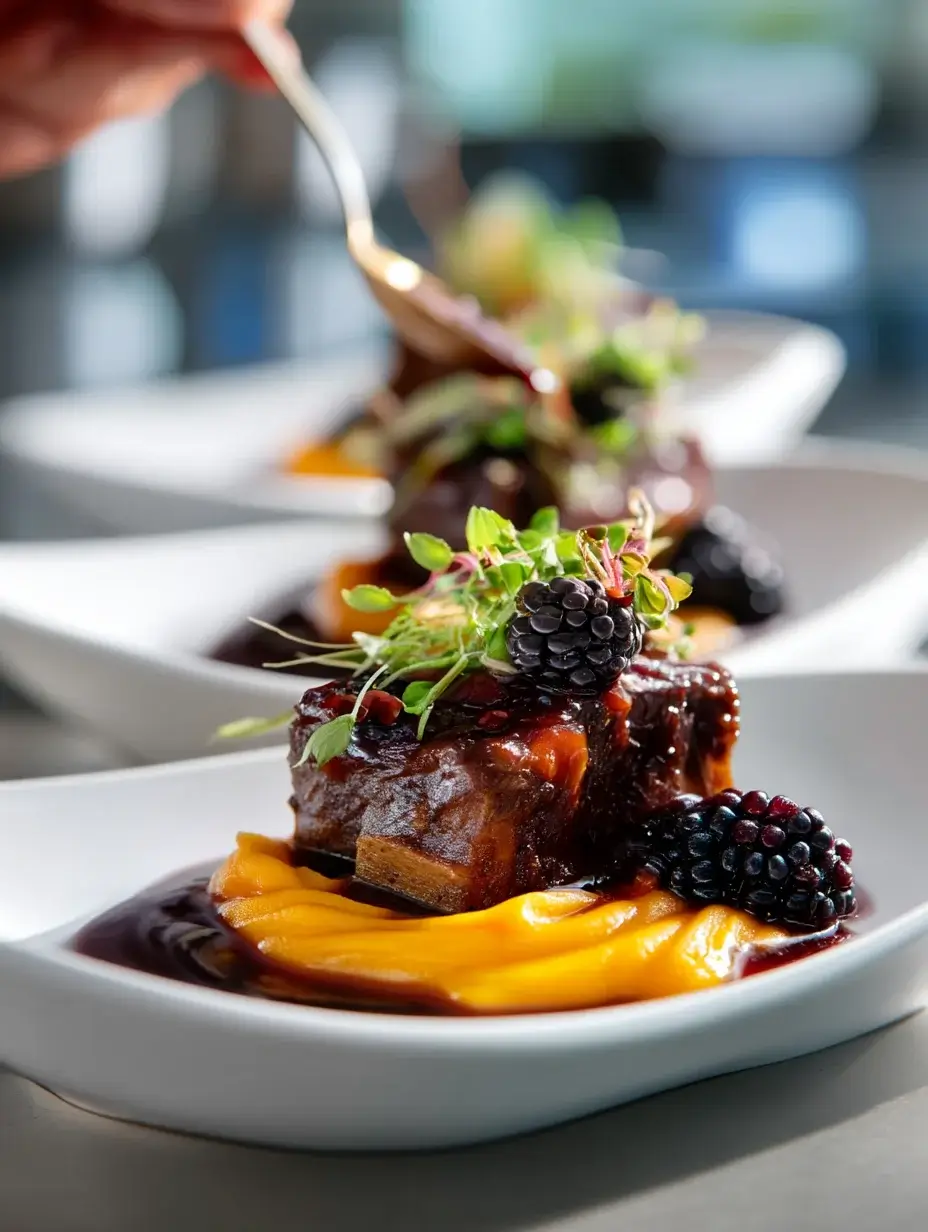 Assembling Slow-Braised Beef Short Ribs with yam purée and blackberry-pepper sauce.