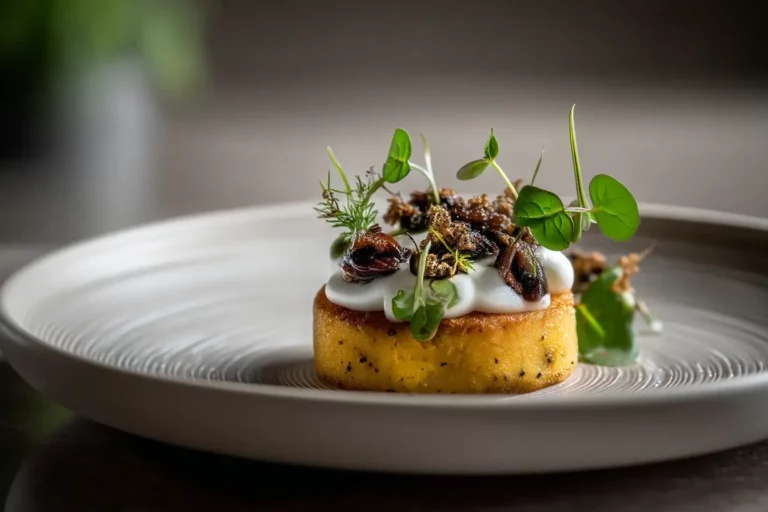 Mini polenta cakes topped with mushroom duxelles and truffle foam on marble plate