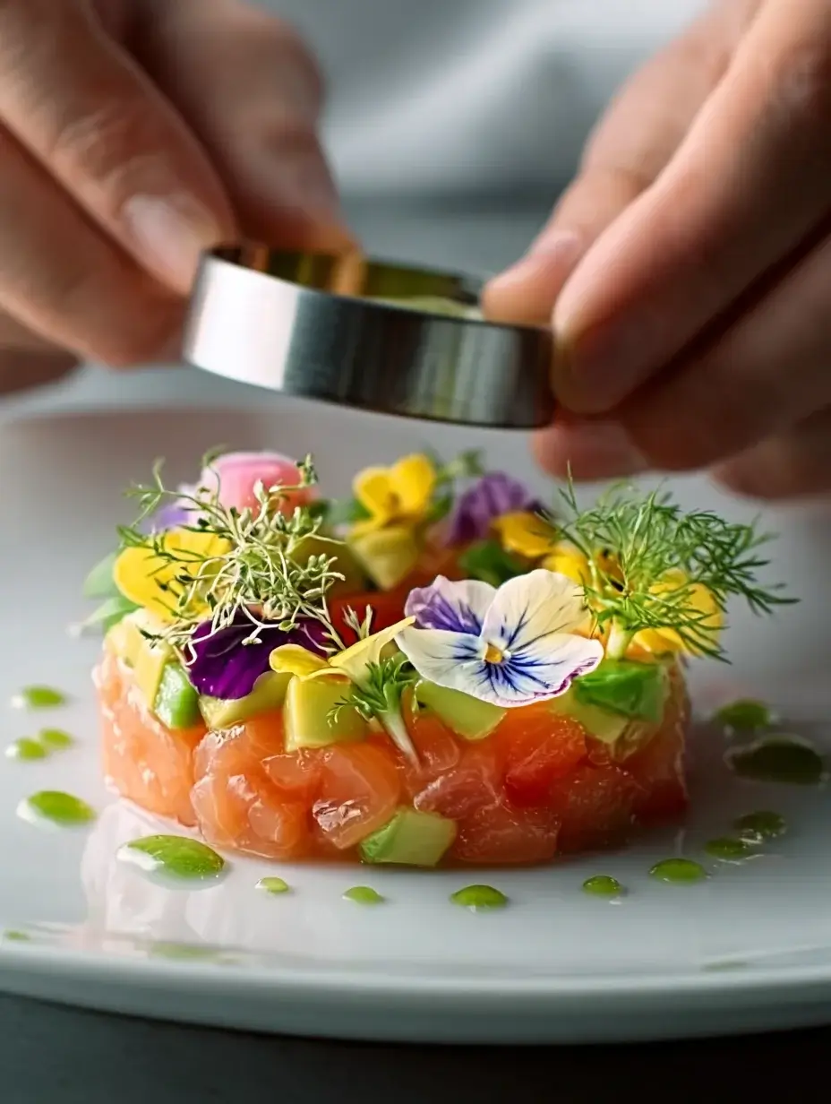Assembling Salmon and Avocado tartare with citrus gel.