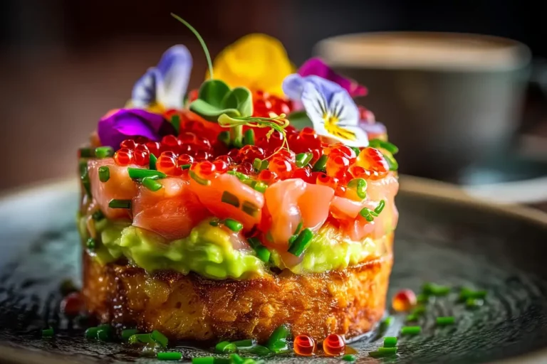 Salmon Tartare Brioche with Avocado Mousse and Trout Roe on marble countertop.