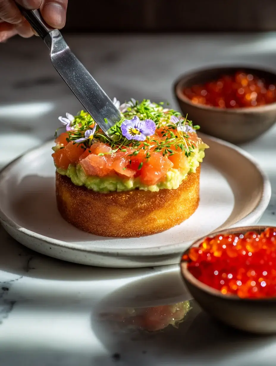 Assembling Salmon Tartare Brioche with avocado mousse and salmon.