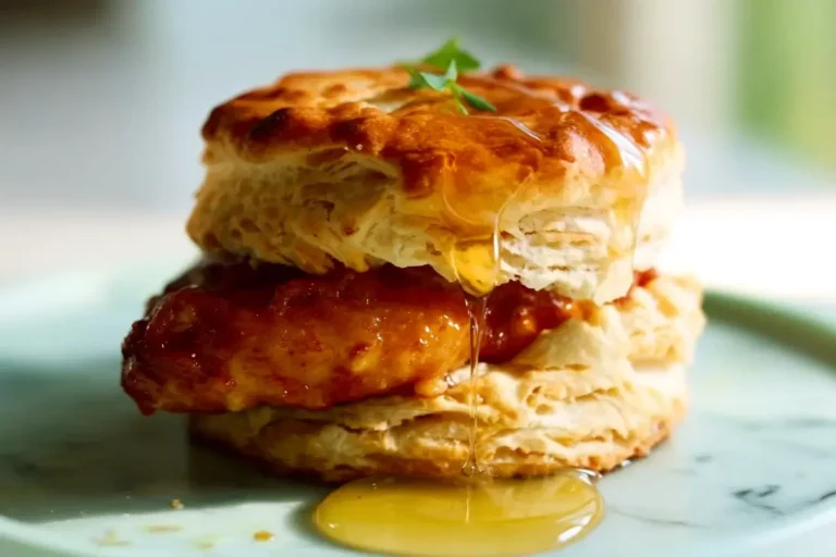 Honey Butter Chicken Biscuit breakfast sandwich with honey drizzle.