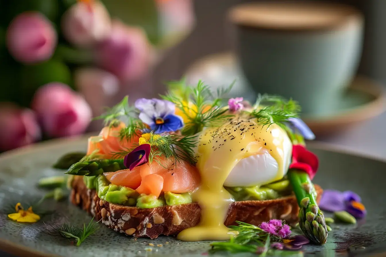 Smoked Salmon and Avocado Toast with Poached Egg, Asparagus & Hollandaise