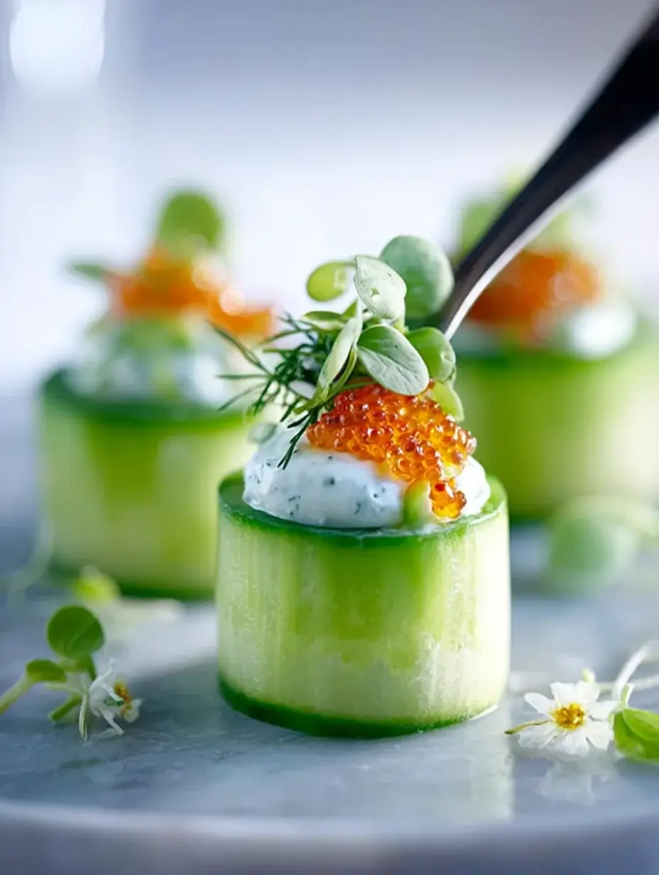 Filling cucumber cylinders with dill cream.