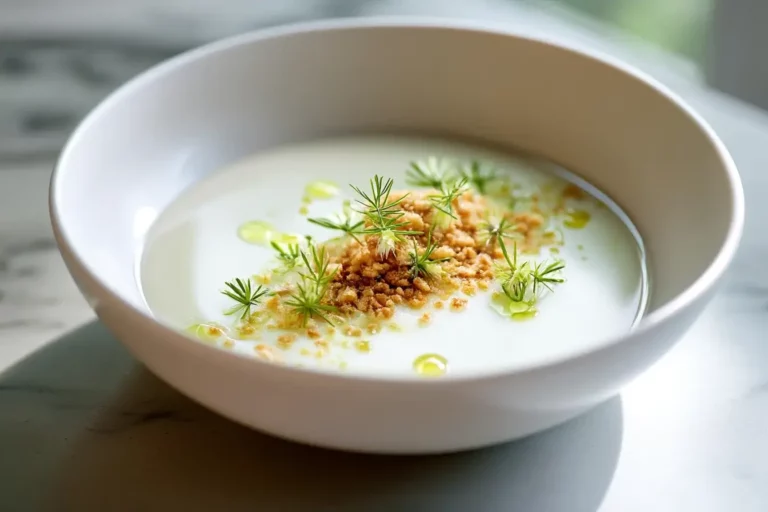 Cauliflower Velouté with smoked almond crumble and chive blossoms.
