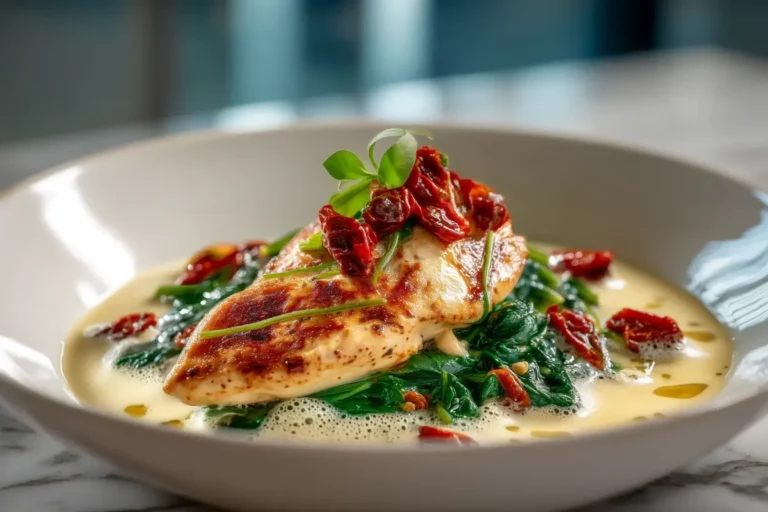 Creamy Tuscan Chicken with spinach, sun-dried tomatoes, and Parmesan foam in a white skillet on marble countertop.