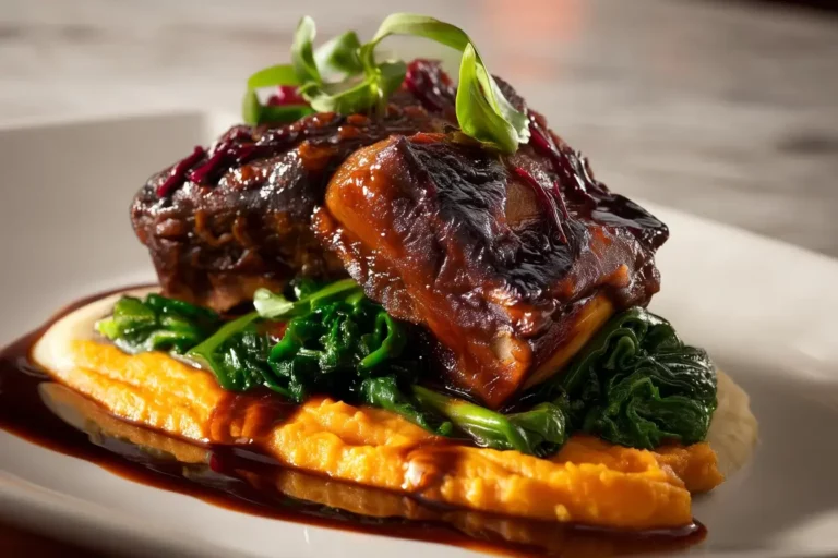 Soy Glazed Ribs Beef with sweet potato purée and greens.