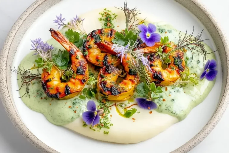 Grilled shrimp with green herb mayo on creamy cauliflower purée