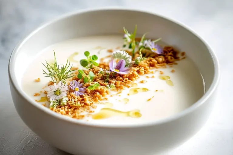 Creamy cauliflower soup with truffle oil and brown butter breadcrumbs on marble countertop.