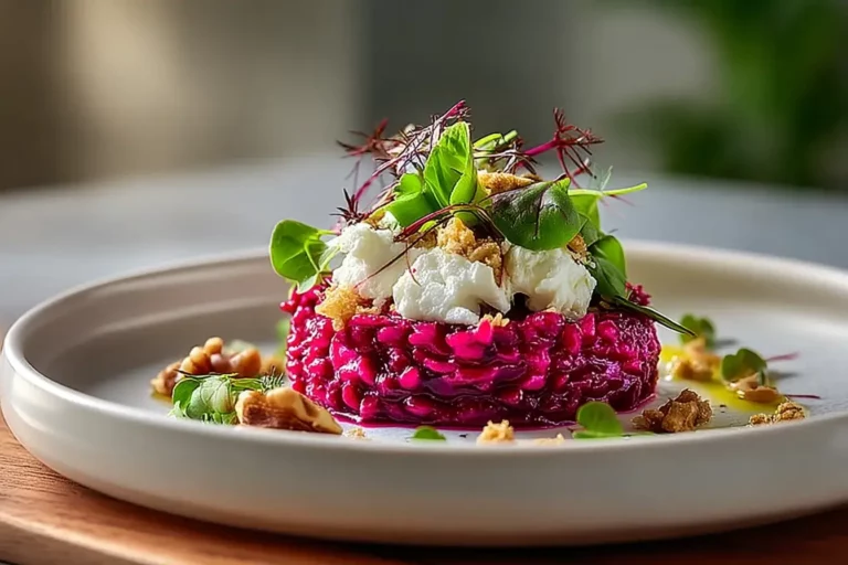 Beetroot risotto with goat cheese flakes and walnut crumble served in a white bowl.