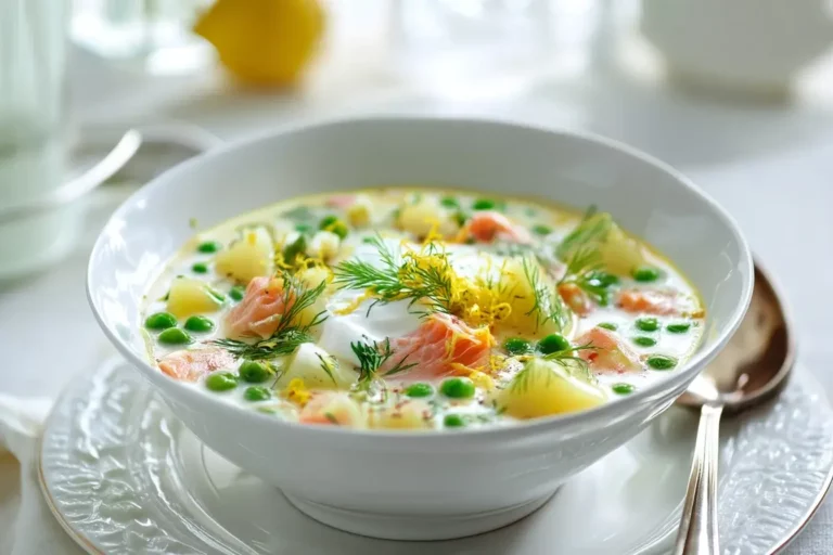Creamy Smoked Salmon & Peas Chowder served in a white bowl with dill and lemon zest