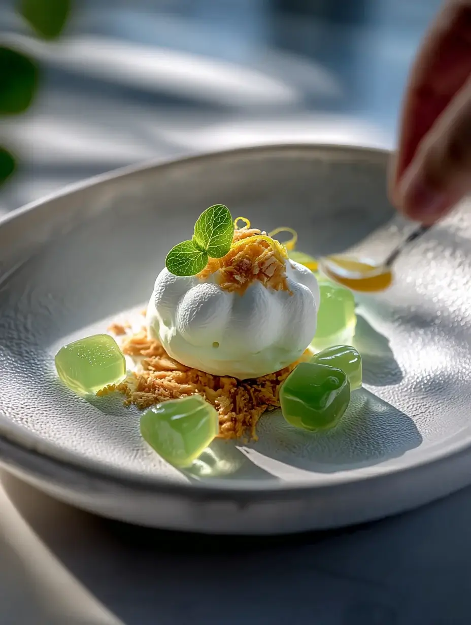 Assembling Mini Lemon Meringue Clouds with basil gel and almond crumble