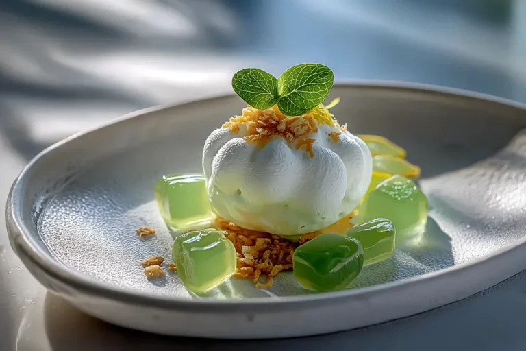 Mini Lemon Meringue Clouds with Basil Gel and Almond Crumble on marble countertop