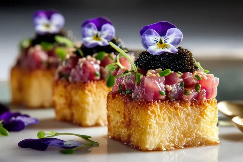 Crispy brioche with tuna tartare and caviar on marble countertop.