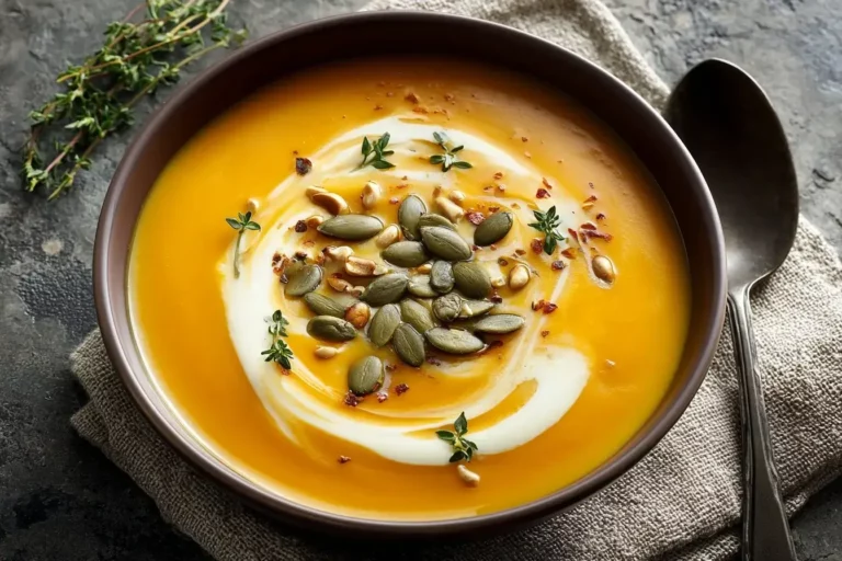 Creamy butternut squash soup served with cream swirl and pumpkin seeds.