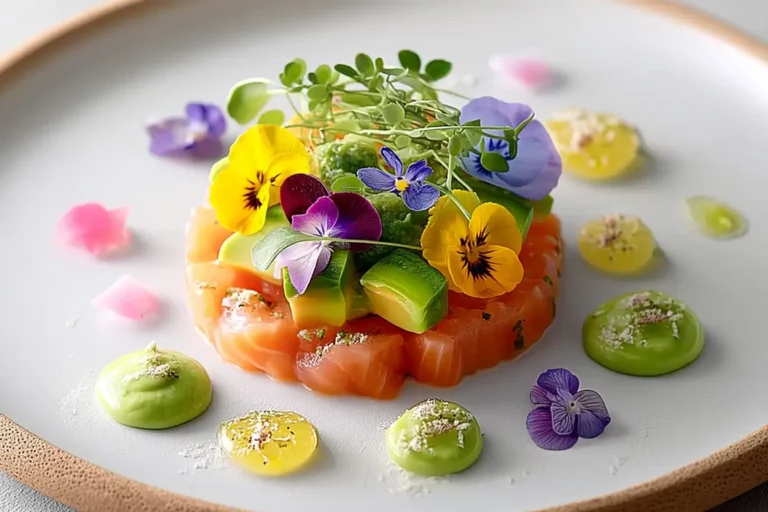 Salmon and Avocado tartare with citrus gel and mousse on marble countertop