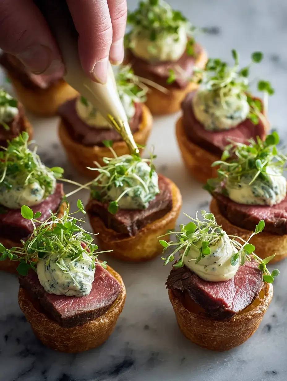 Assembling Mini Yorkshire Bites with Roast Beef and Dijon Mousse