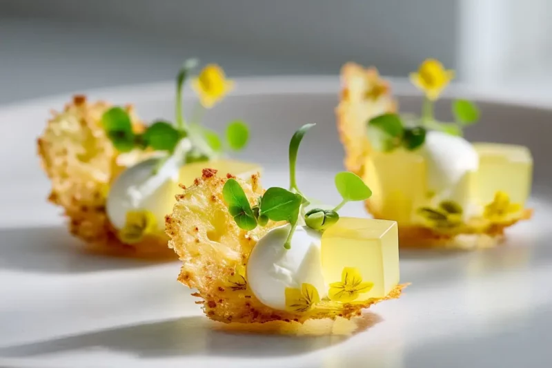 Crispy Parmesan Tuile with ricotta, lemon gel, and basil blossoms on marble counter.