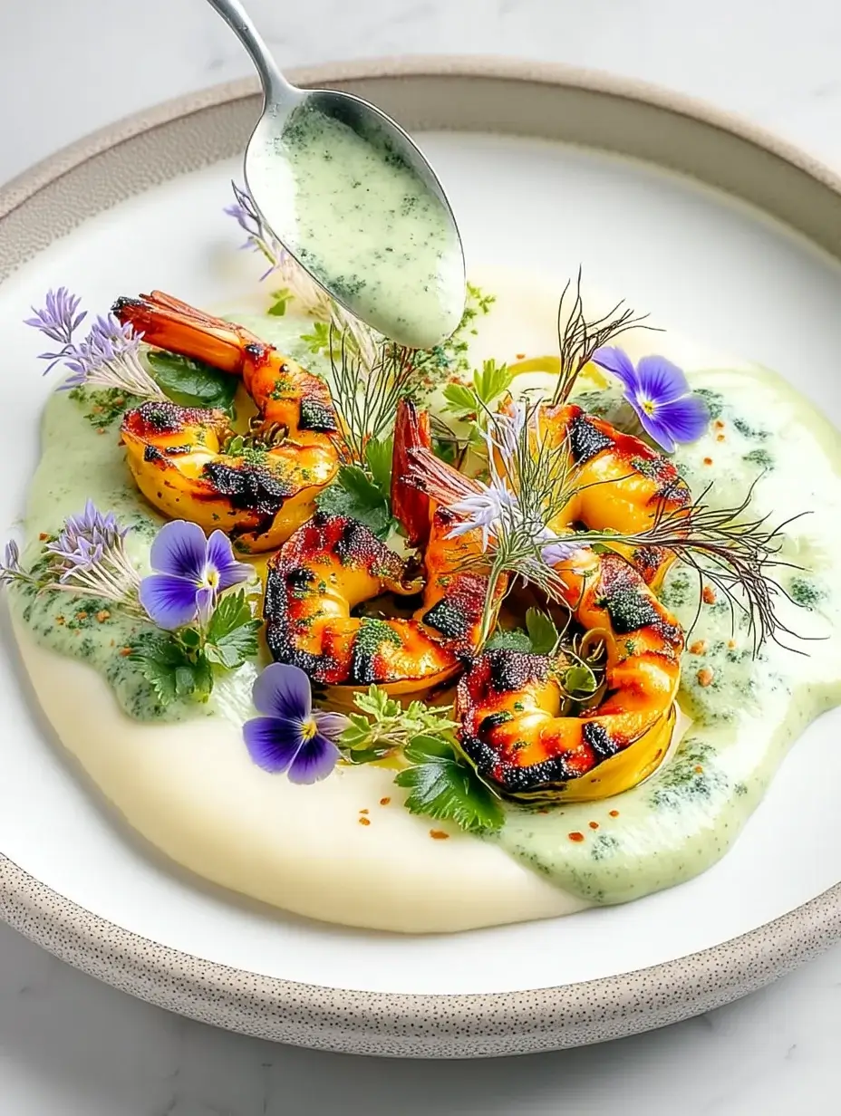Assembling grilled shrimp with cauliflower purée and herb mayo