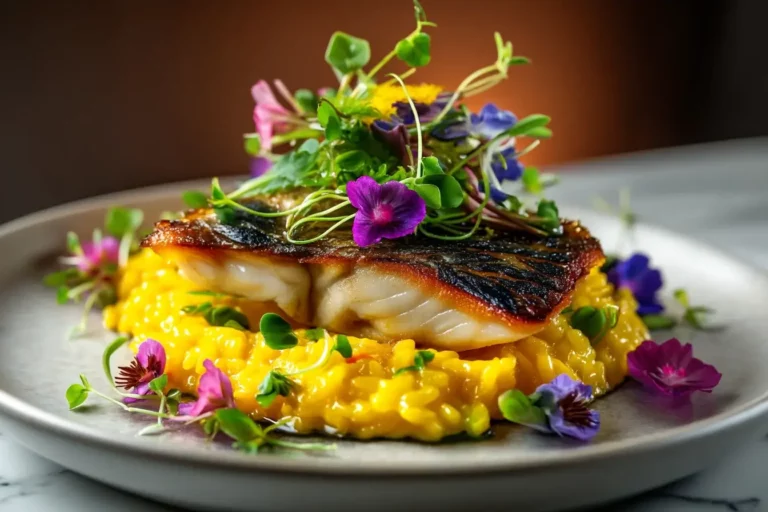 Seared Sea Bass with saffron risotto and citrus beurre blanc on marble