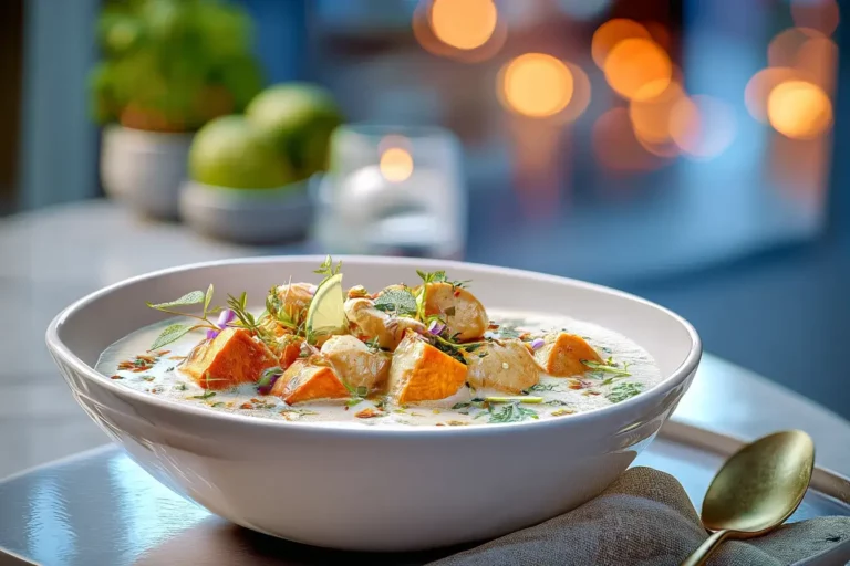 Coconut Curry Chicken with sweet potatoes and lime leaf cream served in a ceramic bowl