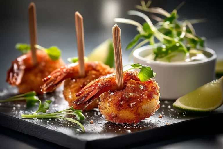 Shrimp lollipops with coconut–lime dip and paprika dust on marble platter.