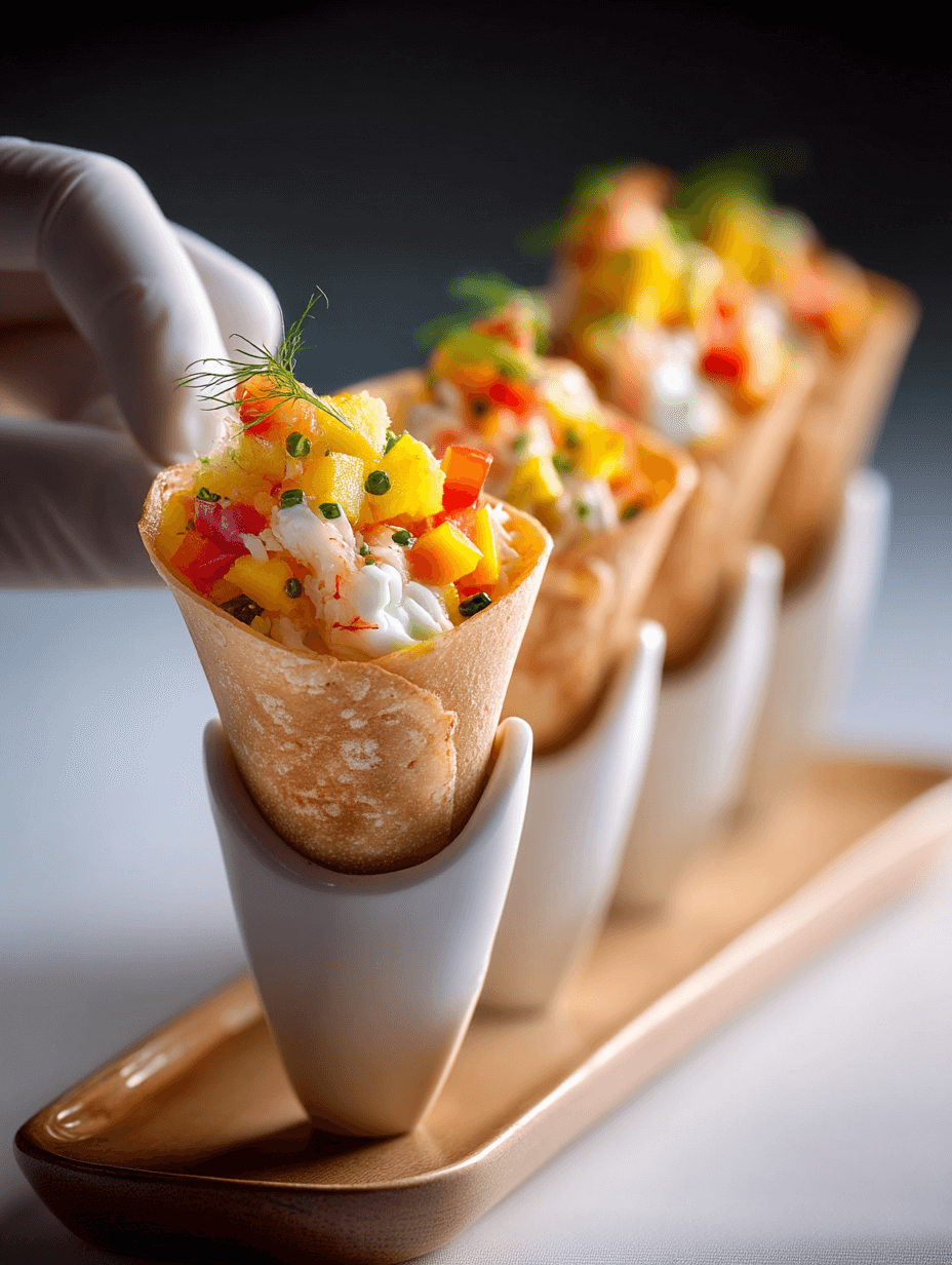 Assembling Mini Cones with Crab and Mango Salsa