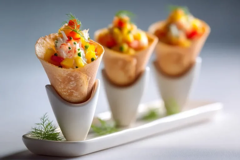 Mini Cone with Crab and Mango Salsa served on marble platter