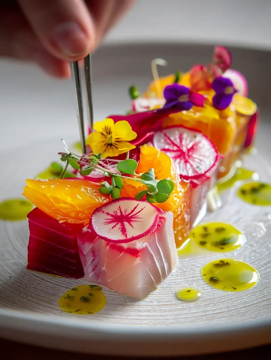 Chef plating Amberjack Crudo with beetroot and citrus.