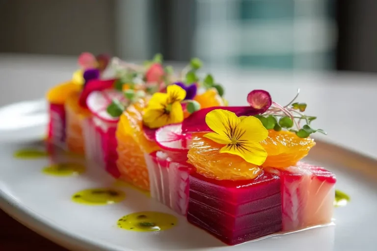 Amberjack Crudo with beetroot and citrus elegantly plated on marble.