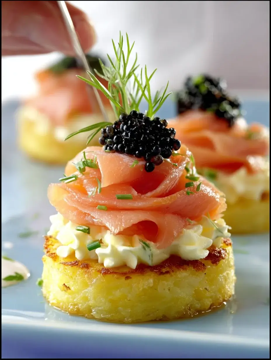 Assembling smoked salmon rosettes on potato cakes with lemon cream.