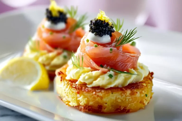 Smoked Salmon Rosette on Potato Cake with lemon cream and caviar.