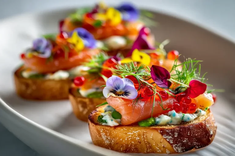 Gravlax crostini topped with salmon roe, dill, and edible flowers on marble platter